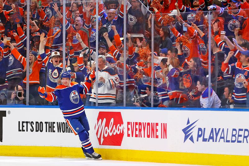 Apr 22, 2024; Edmonton, Alberta, CAN; Edmonton Oilers forward Zach Hyman (18) celebrates after scoring a goal during the second period against the Los Angeles Kings in game one of the first round of the 2024 Stanley Cup Playoffs at Rogers Place. Mandatory Credit: Perry Nelson-USA TODAY Sports