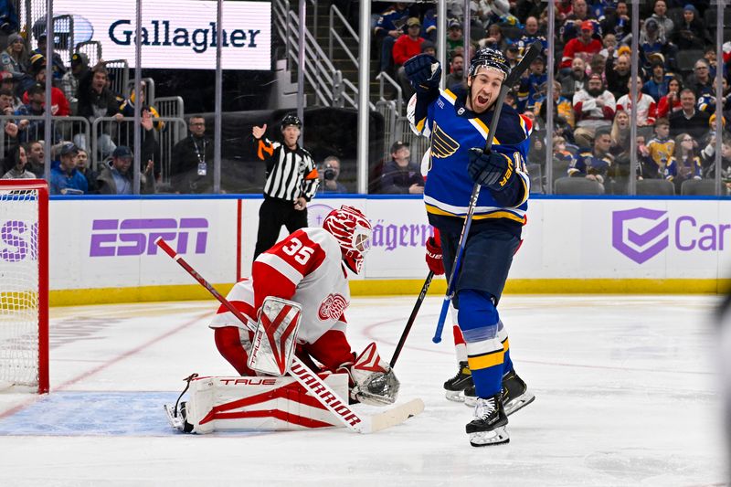 Dec 12, 2023; St. Louis, Missouri, USA;  St. Louis Blues right wing Kevin Hayes (12) reacts after scoring against Detroit Red Wings goaltender Ville Husso (35) during the second period at Enterprise Center. Mandatory Credit: Jeff Curry-USA TODAY Sports