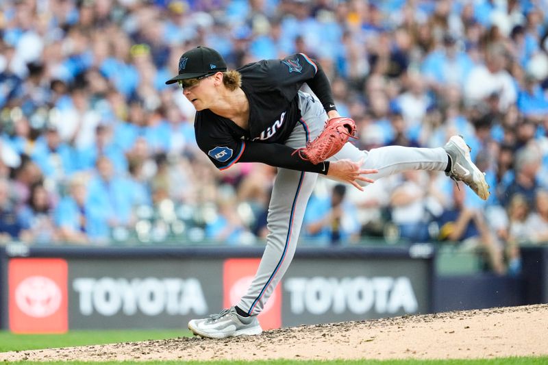 Jul 27, 2024; Milwaukee, Wisconsin, USA;  Miami Marlins pitcher Max Meyer (23) throws a pitch during the fourth inning against the Milwaukee Brewers at American Family Field. Mandatory Credit: Jeff Hanisch-USA TODAY Sports