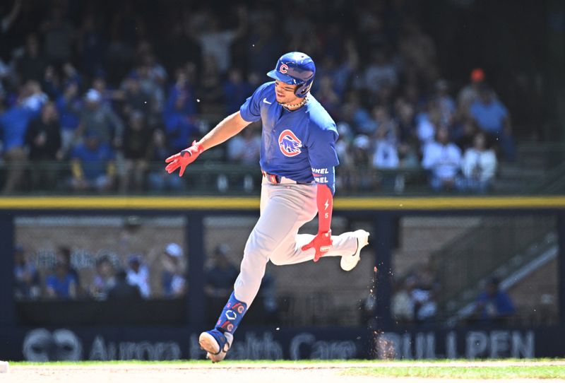 May 30, 2024; Milwaukee, Wisconsin, USA; Chicago Cubs third base Christopher Morel (5) celebrates after hitting a home run against the Milwaukee Brewers in the eighth inning at American Family Field. Mandatory Credit: Michael McLoone-USA TODAY Sports