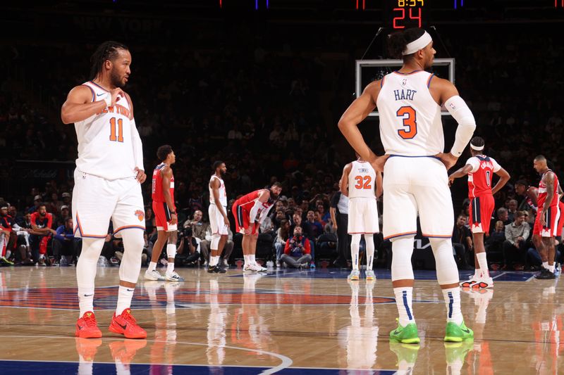 NEW YORK, NY - OCTOBER 9: Jalen Brunson #11 and Josh Hart #3 of the New York Knicks look on during the game against the Washington Wizards during the 2024 NBA Preseason on October 9, 2024 at Madison Square Garden in New York City, New York.  NOTE TO USER: User expressly acknowledges and agrees that, by downloading and or using this photograph, User is consenting to the terms and conditions of the Getty Images License Agreement. Mandatory Copyright Notice: Copyright 2024 NBAE  (Photo by Nathaniel S. Butler/NBAE via Getty Images)