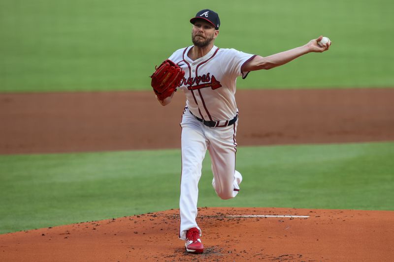 May 8, 2024; Atlanta, Georgia, USA; Atlanta Braves starting pitcher Chris Sale (51) throws against the Boston Red Sox in the first inning at Truist Park. Mandatory Credit: Brett Davis-USA TODAY Sports
