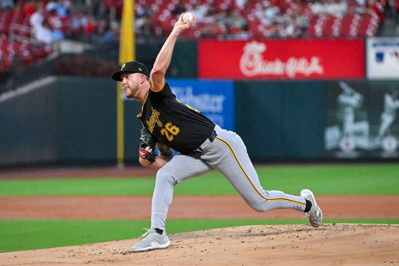 Sep 17, 2024; St. Louis, Missouri, USA;  Pittsburgh Pirates starting pitcher Bailey Falter (26) pitches against the St. Louis Cardinals during the first inning at Busch Stadium. Mandatory Credit: Jeff Curry-Imagn Images