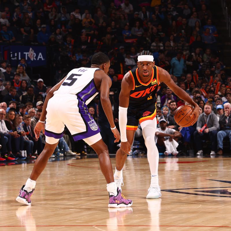 OKLAHOMA CITY, OK - FEBRUARY 11: Shai Gilgeous-Alexander #2 of the Oklahoma City Thunder dribbles the ball during the game against the Sacramento Kings on February 11, 2024 at Paycom Arena in Oklahoma City, Oklahoma. NOTE TO USER: User expressly acknowledges and agrees that, by downloading and or using this photograph, User is consenting to the terms and conditions of the Getty Images License Agreement. Mandatory Copyright Notice: Copyright 2024 NBAE (Photo by Zach Beeker/NBAE via Getty Images)