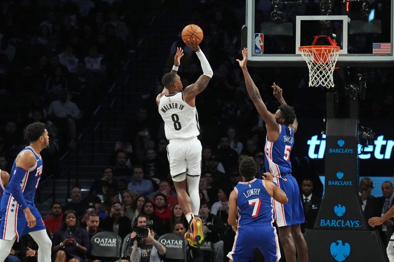 BROOKLYN, NY - MARCH 5: Lonnie Walker IV #8 of the Brooklyn Nets drives to the basket during the game against the Philadelphia 76ers on March 5, 2024 at Barclays Center in Brooklyn, New York. NOTE TO USER: User expressly acknowledges and agrees that, by downloading and or using this Photograph, user is consenting to the terms and conditions of the Getty Images License Agreement. Mandatory Copyright Notice: Copyright 2024 NBAE (Photo by Jesse D. Garrabrant/NBAE via Getty Images)