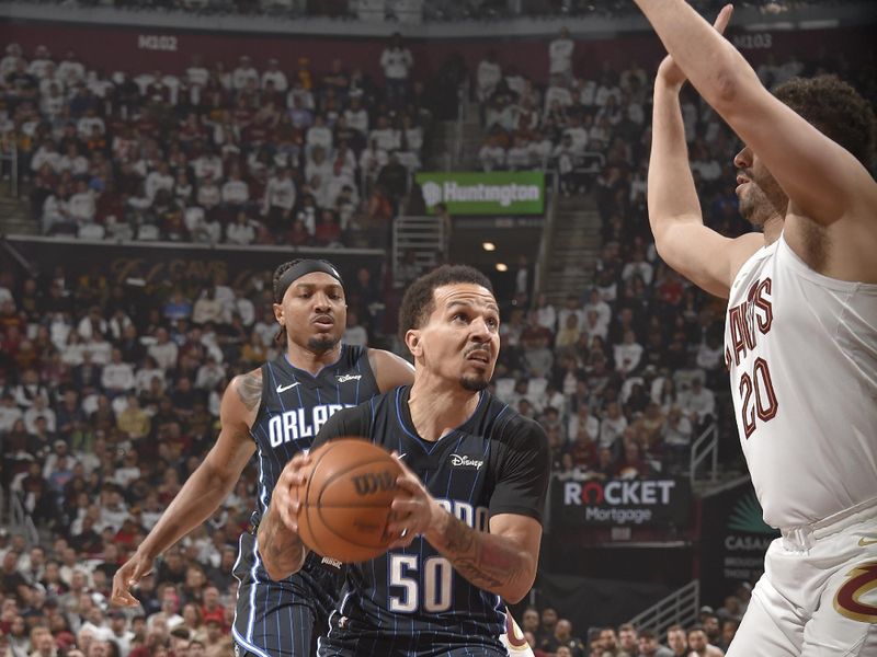 CLEVELAND, OH - APRIL 20: Cole Anthony #50 of the Orlando Magic drives to the basket during Round 1 Game 1 of the 2024 NBA Playoffs against the Cleveland Cavaliers on April 20, 2024 at Rocket Mortgage FieldHouse in Cleveland, Ohio. NOTE TO USER: User expressly acknowledges and agrees that, by downloading and/or using this Photograph, user is consenting to the terms and conditions of the Getty Images License Agreement. Mandatory Copyright Notice: Copyright 2024 NBAE (Photo by David Liam Kyle/NBAE via Getty Images)