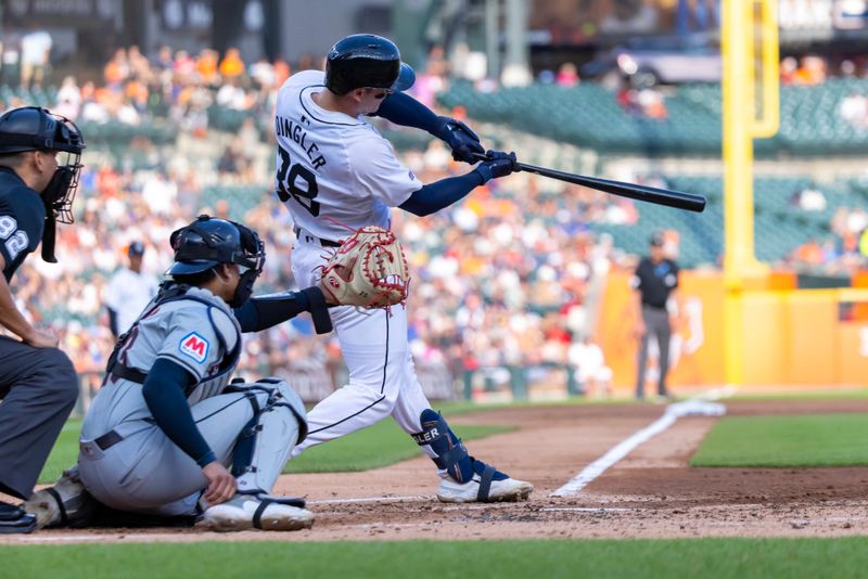 Jul 29, 2024; Detroit, Michigan, USA; Detroit Tigers catcher Dillion Dingler (38) fouls off a pitch in his first MLB at bat in the second inning against the Cleveland Guardians at Comerica Park. Mandatory Credit: David Reginek-USA TODAY Sports