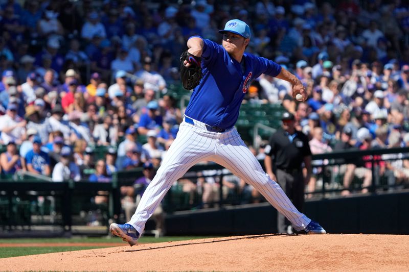 Mar 1, 2024; Mesa, Arizona, USA; Chicago Cubs starting pitcher Justin Steele (35) throws against the Chicago White Sox during the first inning at Sloan Park. Mandatory Credit: Rick Scuteri-USA TODAY Sports