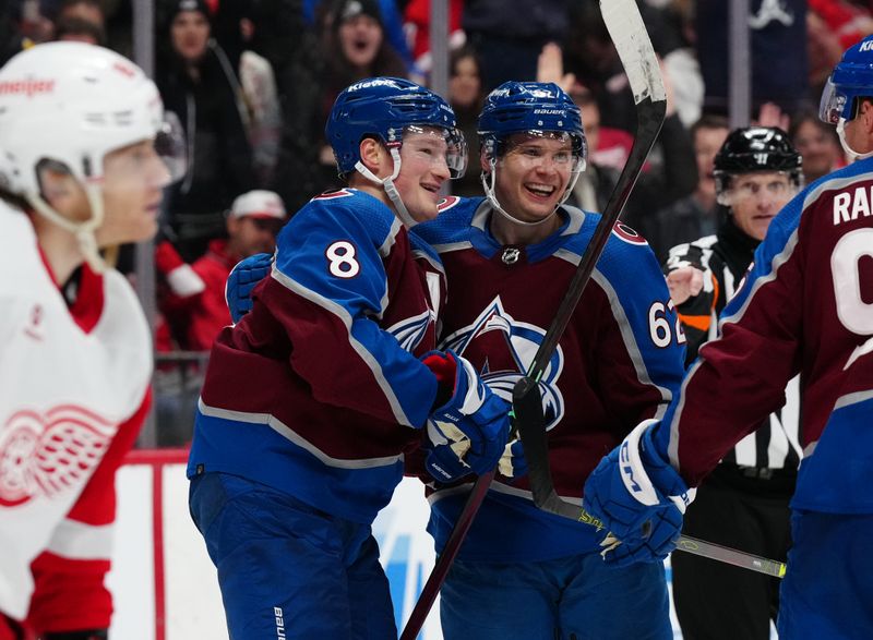 Mar 6, 2024; Denver, Colorado, USA; Colorado Avalanche defenseman Cale Makar (8) celebrates his second goal scored with left wing Artturi Lehkonen (62) during the second period at Ball Arena. Mandatory Credit: Ron Chenoy-USA TODAY Sports