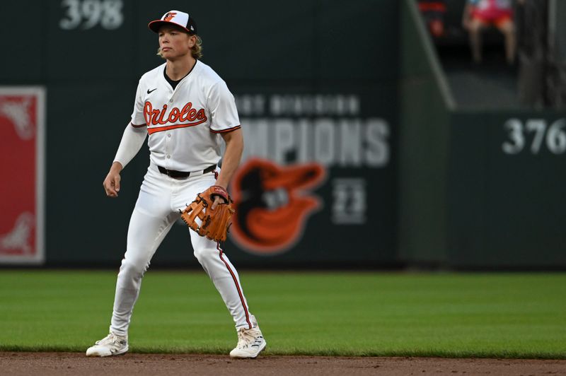 Apr 15, 2024; Baltimore, Maryland, USA;  Baltimore Orioles second baseman Jackson Holiday stands at his defensive position in the second inning against the Minnesota Twins at Oriole Park at Camden Yards. Mandatory Credit: Tommy Gilligan-USA TODAY Sports