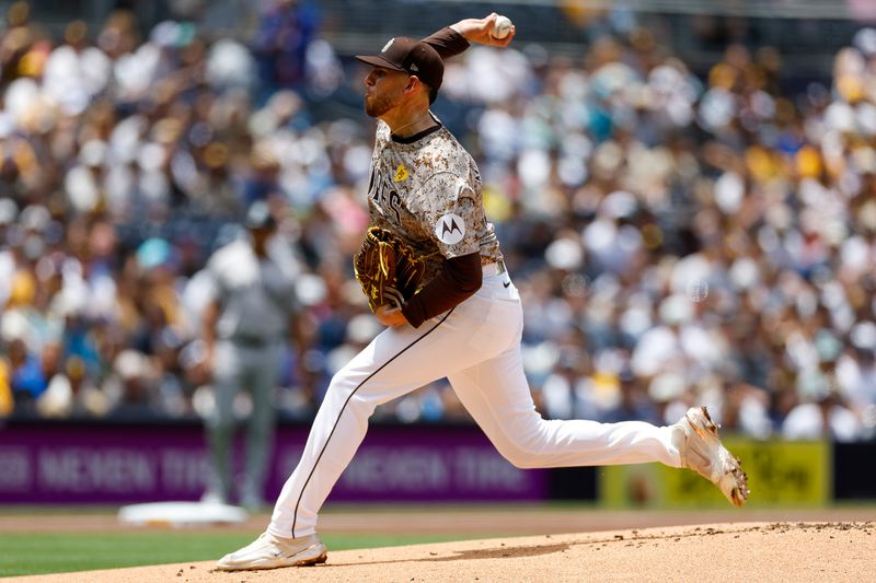 May 26, 2024; San Diego, California, USA;  San Diego Padres starting pitcher Joe Musgrove (44) throws a pitch in the first inning against the New York Yankees at Petco Park. Mandatory Credit: David Frerker-USA TODAY Sports