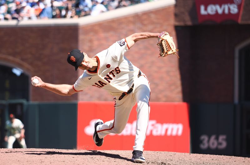 Jun 30, 2024; San Francisco, California, USA; San Francisco Giants relief pitcher Tyler Rogers (71) pitches the ball against the Los Angeles Dodgers during the ninth inning at Oracle Park. Mandatory Credit: Kelley L Cox-USA TODAY Sports