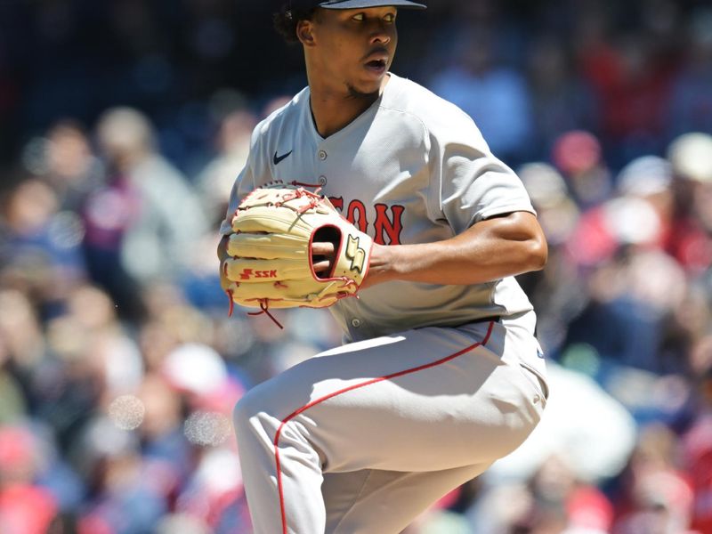 Apr 27, 2025; Cleveland, Ohio, USA; Boston Red Sox starting pitcher Brayan Bello (66) throws a pitch during the first inning against the Cleveland Guardians at Progressive Field. Mandatory Credit: Ken Blaze-Imagn Images