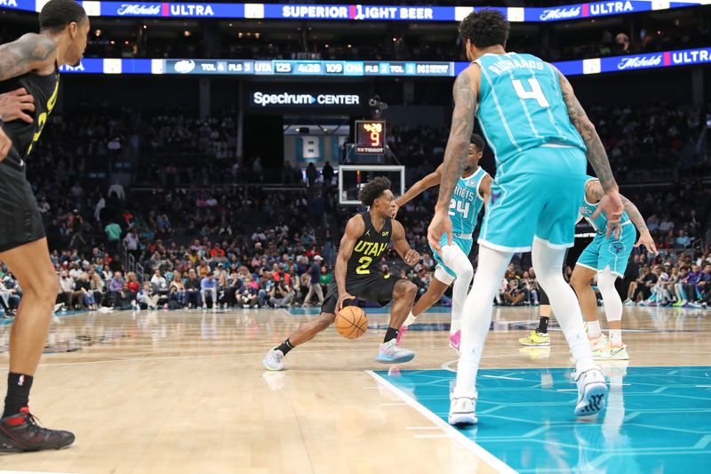 CHARLOTTE, NC - JANUARY 27: Colin Sexton #2 of the Utah Jazz dribbles the ball during the game against the Charlotte Hornets on January 27, 2024 at Spectrum Center in Charlotte, North Carolina. NOTE TO USER: User expressly acknowledges and agrees that, by downloading and or using this photograph, User is consenting to the terms and conditions of the Getty Images License Agreement.  Mandatory Copyright Notice:  Copyright 2024 NBAE (Photo by Brock Williams-Smith/NBAE via Getty Images)