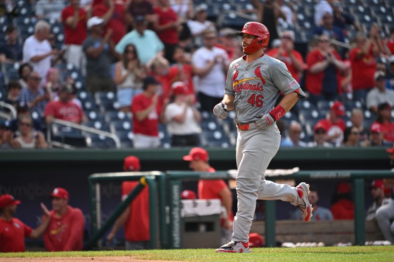 Jul 8, 2024; Washington, District of Columbia, USA; St. Louis Cardinals first baseman Paul Goldschmidt (46) jogs to home plate after hitting a home run against the Washington Nationals during the fourth inning at Nationals Park. Mandatory Credit: Rafael Suanes-USA TODAY Sports