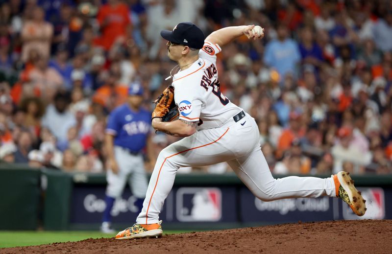 Oct 23, 2023; Houston, Texas, USA; Houston Astros pitcher Hunter Brown (58) throws during the fourth inning of game seven in the ALCS against the Texas Rangers for the 2023 MLB playoffs at Minute Maid Park. Mandatory Credit: Thomas Shea-USA TODAY Sports