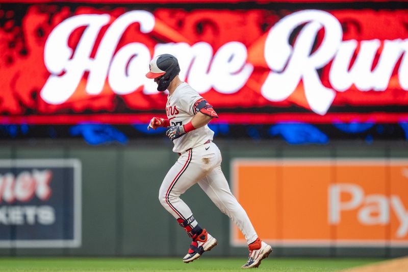 Jul 4, 2024; Minneapolis, Minnesota, USA; Minnesota Twins catcher Ryan Jeffers (27) rounds the bases after hitting a home run against the Detroit Tigers in the fourth inning at Target Field. Mandatory Credit: Matt Blewett-USA TODAY Sports