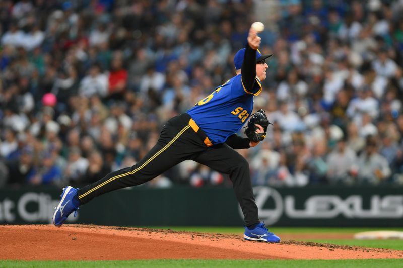 May 31, 2024; Seattle, Washington, USA; Seattle Mariners relief pitcher Trent Thornton (46) pitches to the Los Angeles Angels during the seventh inning at T-Mobile Park. Mandatory Credit: Steven Bisig-USA TODAY Sports