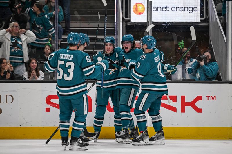 Dec 20, 2025; San Jose, California, USA; The San Jose Sharks celebrate a goal by Adam Gaudette (81) to tie the game during the second period against the Seattle Kraken at SAP Center at San Jose. Mandatory Credit: Justine Willard-Imagn Images