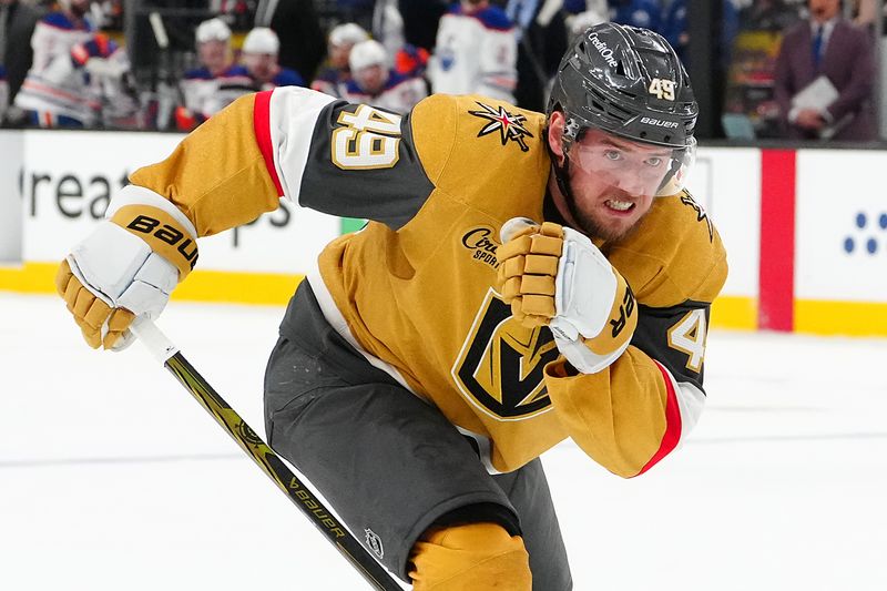 May 14, 2025; Las Vegas, Nevada, USA; Vegas Golden Knights center Ivan Barbashev (49) skates against the Edmonton Oilers during the second period of game five of the second round of the 2025 Stanley Cup Playoffs at T-Mobile Arena. Mandatory Credit: Stephen R. Sylvanie-Imagn Images