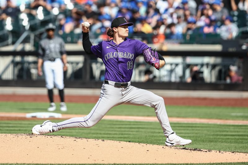 Jul 13, 2024; New York City, New York, USA;  Colorado Rockies starting pitcher Ryan Feltner (18) pitches in the first inning against the New York Mets at Citi Field. Mandatory Credit: Wendell Cruz-USA TODAY Sports