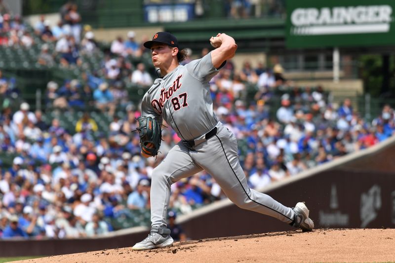 Aug 22, 2024; Chicago, Illinois, USA; Detroit Tigers starting pitcher Tyler Holton (87) pitches during the first inning against the Chicago Cubs at Wrigley Field. Mandatory Credit: Patrick Gorski-USA TODAY Sports