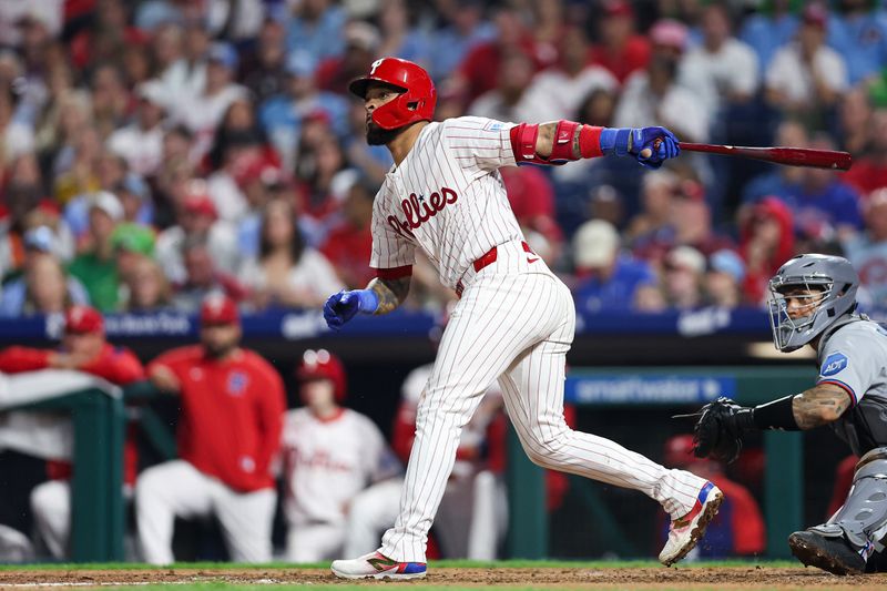 Sep 24, 2025; Philadelphia, Pennsylvania, USA; Philadelphia Phillies short stop Edmundo Sosa (33) hits his third home run of the game during the seventh inning against the Miami Marlins at Citizens Bank Park. Mandatory Credit: Bill Streicher-Imagn Images