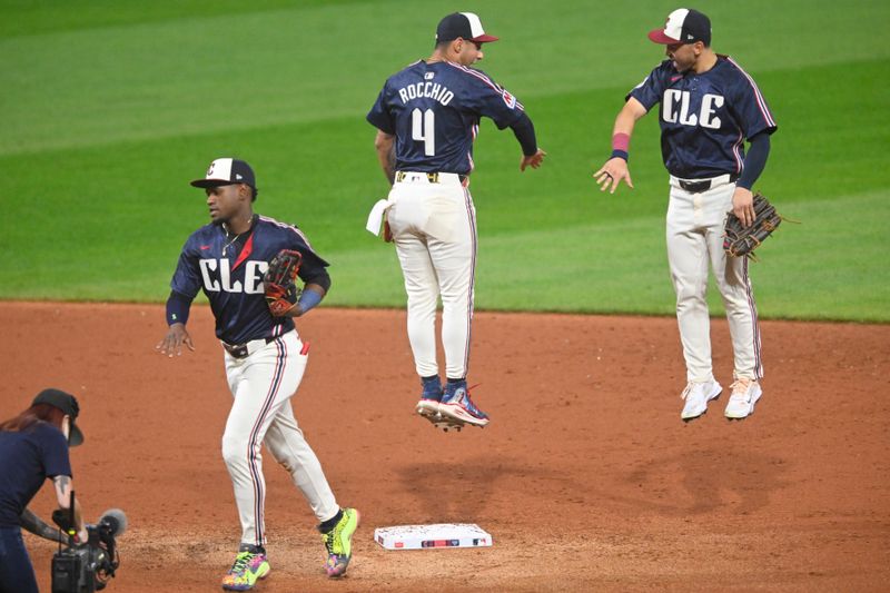 Sep 12, 2025; Cleveland, Ohio, USA; The Cleveland Guardians celebrate a win over the Chicago White Sox at Progressive Field. Mandatory Credit: David Richard-Imagn Images