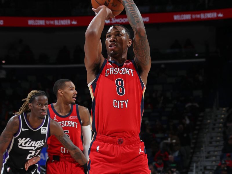 NEW ORLEANS, LA - DECEMBER 12: Jamal Cain #8 of the New Orleans Pelicans shoots a free throw during the game against the Sacramento Kings on December 12, 2024 at the Smoothie King Center in New Orleans, Louisiana. NOTE TO USER: User expressly acknowledges and agrees that, by downloading and or using this Photograph, user is consenting to the terms and conditions of the Getty Images License Agreement. Mandatory Copyright Notice: Copyright 2024 NBAE (Photo by Layne Murdoch Jr./NBAE via Getty Images)