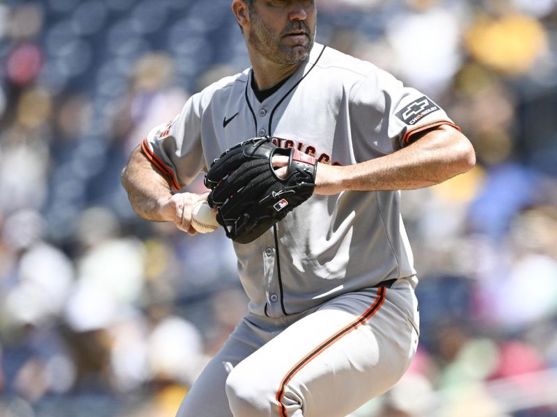 Aug 21, 2025; San Diego, California, USA; San Francisco Giants starting pitcher Justin Verlander (35) delivers during the first inning against the San Diego Padres at Petco Park. Mandatory Credit: Denis Poroy-Imagn Images