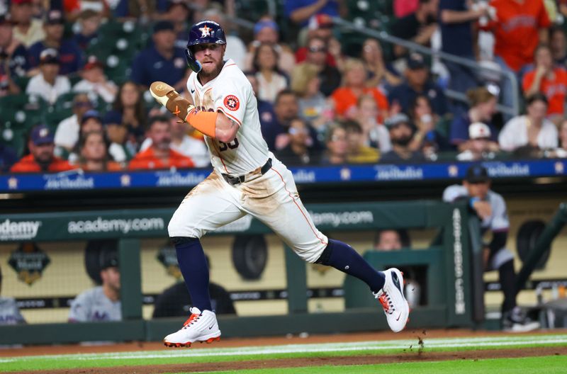 Jul 11, 2024; Houston, Texas, USA; Houston Astros right fielder Trey Cabbage (38) scores against the Miami Marlins in the second inning at Minute Maid Park. Mandatory Credit: Thomas Shea-USA TODAY Sports