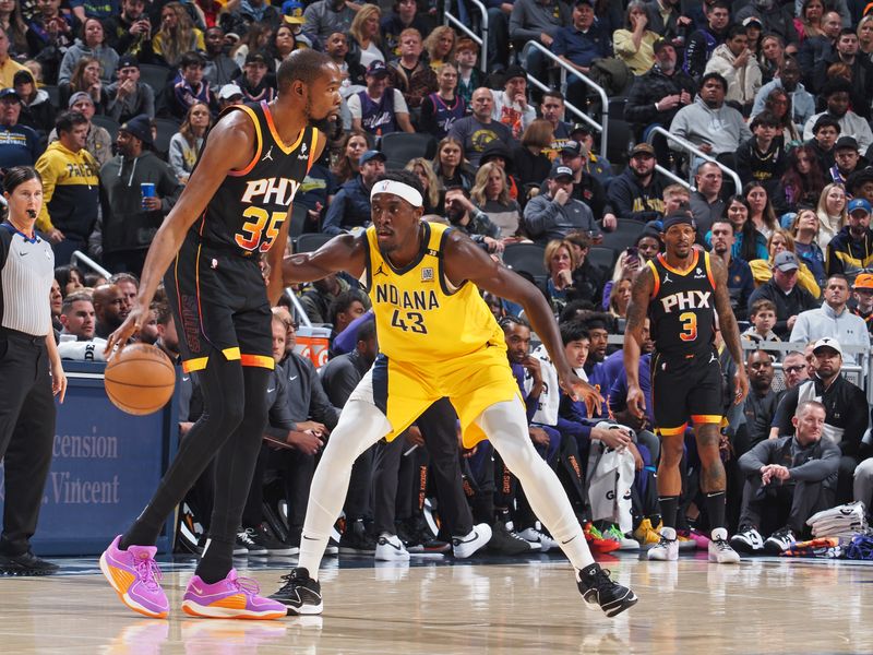 INDIANAPOLIS, IN - JANUARY 26: Kevin Durant #35 of the Phoenix Suns dribbles the ball during the game against the Indiana Pacers on January 26, 2024 at Gainbridge Fieldhouse in Indianapolis, Indiana. NOTE TO USER: User expressly acknowledges and agrees that, by downloading and or using this Photograph, user is consenting to the terms and conditions of the Getty Images License Agreement. Mandatory Copyright Notice: Copyright 2024 NBAE (Photo by Ron Hoskins/NBAE via Getty Images)