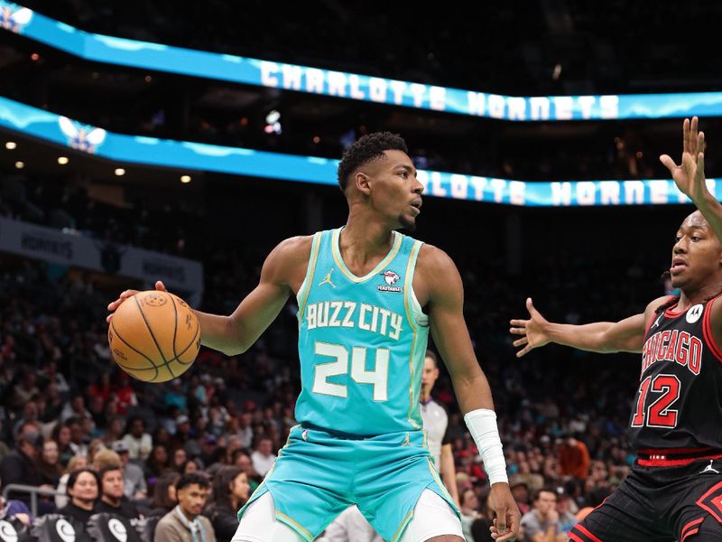 CHARLOTTE, NC - JANUARY 31: Brandon Miller #24 of the Charlotte Hornets dribbles the ball during the game against the Chicago Bulls on January 31, 2024 at Spectrum Center in Charlotte, North Carolina. NOTE TO USER: User expressly acknowledges and agrees that, by downloading and or using this photograph, User is consenting to the terms and conditions of the Getty Images License Agreement.  Mandatory Copyright Notice:  Copyright 2024 NBAE (Photo by Brock Williams-Smith/NBAE via Getty Images)
