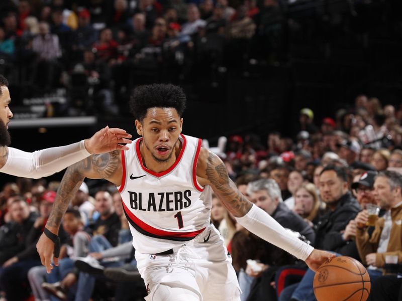 PORTLAND, OR - MARCH 8:  Anfernee Simons #1 of the Portland Trail Blazers goes to the basket during the game on March 8, 2024 at the Moda Center Arena in Portland, Oregon. NOTE TO USER: User expressly acknowledges and agrees that, by downloading and or using this photograph, user is consenting to the terms and conditions of the Getty Images License Agreement. Mandatory Copyright Notice: Copyright 2024 NBAE (Photo by Cameron Browne/NBAE via Getty Images)