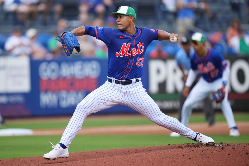 Mar 17, 2024; Port St. Lucie, Florida, USA;  New York Mets starting pitcher Jose Quintana (62) pitches in the first inning against the Miami Marlins at Clover Park. Mandatory Credit: Jim Rassol-USA TODAY Sports