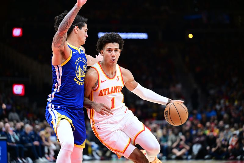 ATLANTA, GA - FEBRUARY 3: Jalen Johnson #1 of the Atlanta Hawks handles the ball during the game  against the Golden State Warriors on February 3, 2024 at State Farm Arena in Atlanta, Georgia.  NOTE TO USER: User expressly acknowledges and agrees that, by downloading and/or using this Photograph, user is consenting to the terms and conditions of the Getty Images License Agreement. Mandatory Copyright Notice: Copyright 2024 NBAE (Photo by Adam Hagy/NBAE via Getty Images)