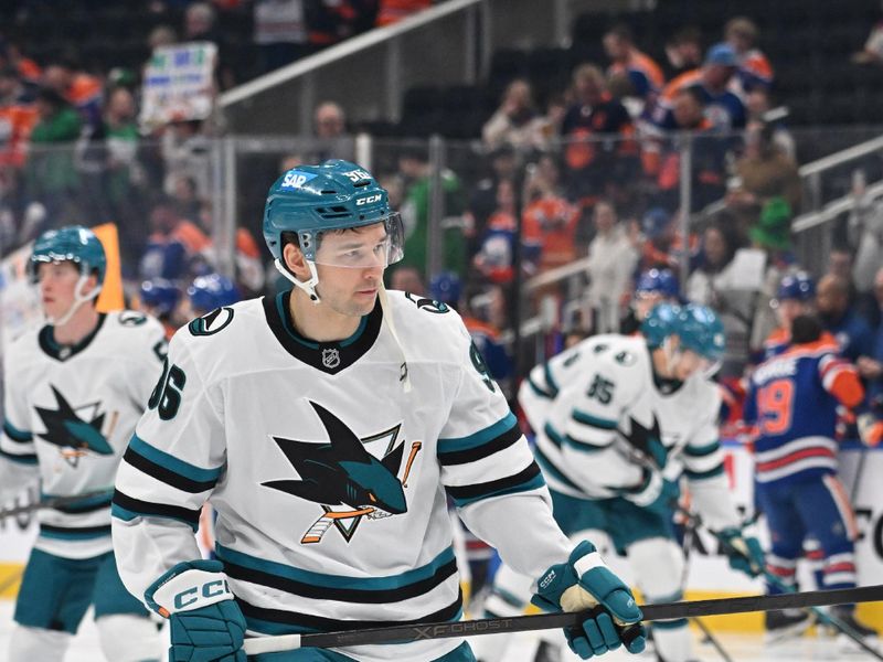 Mar 17, 2026; Edmonton, Alberta, CAN; San Jose Sharks center Phillipp Kurashev (96) warms up before the game against the Edmonton Oilers before the first period at Rogers Place. Mandatory Credit: Walter Tychnowicz-Imagn Images