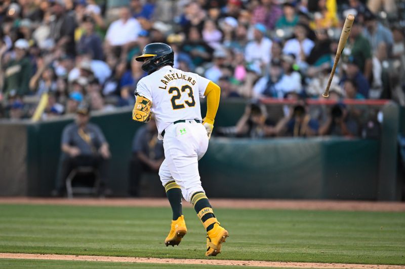 Sep 2, 2024; Oakland, California, USA; Oakland Athletics catcher Shea Langeliers (23) runs the bases after hitting a walk-off home run in the ninth inning against the Seattle Mariners at Oakland-Alameda County Coliseum. Mandatory Credit: Eakin Howard-USA TODAY Sports