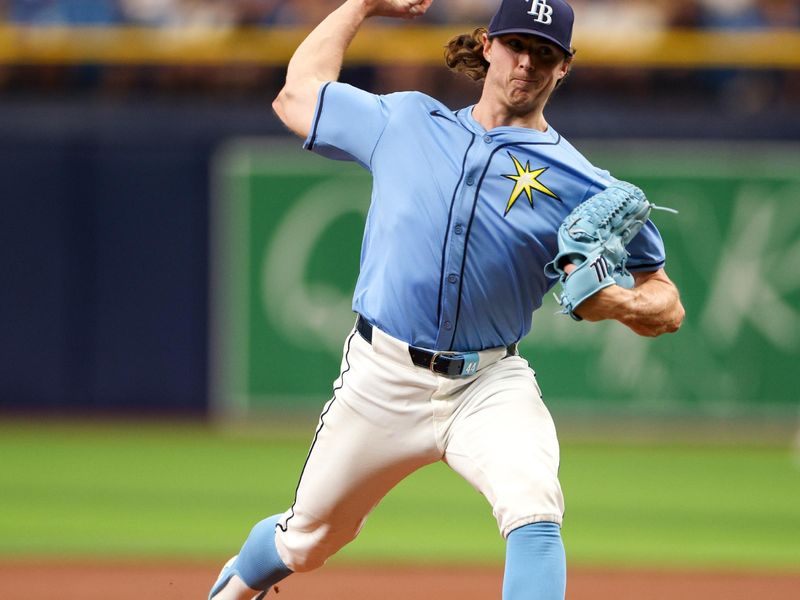 Apr 18, 2024; St. Petersburg, Florida, USA;  Tampa Bay Rays pitcher Ryan Pepiot (44) throws a pitch against the Los Angeles Angels in the second inning at Tropicana Field. Mandatory Credit: Nathan Ray Seebeck-USA TODAY Sports