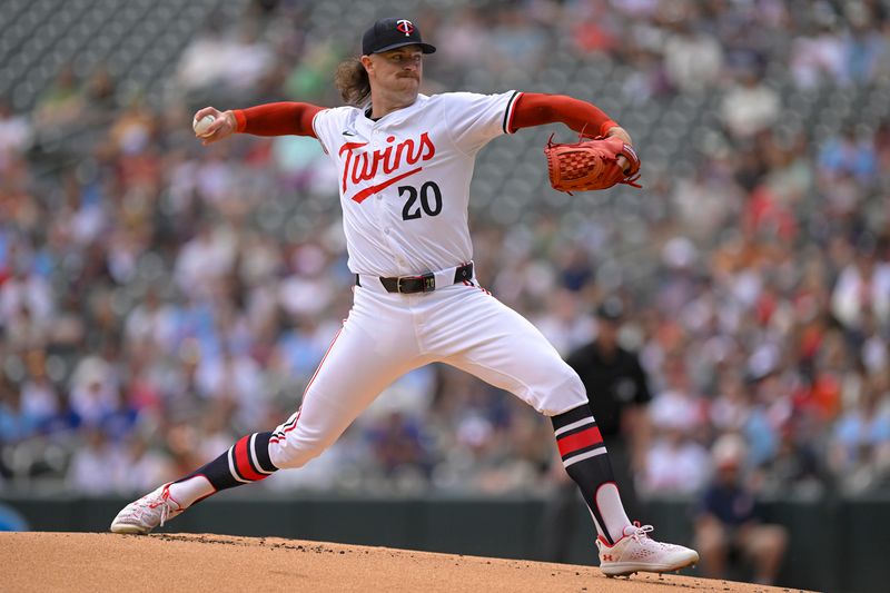 May 25, 2024; Minneapolis, Minnesota, USA;  Minnesota Twins pitcher Chris Paddack (20) delivers a pitch against the Texas Rangers during the first inning at Target Field. Mandatory Credit: Nick Wosika-USA TODAY Sports