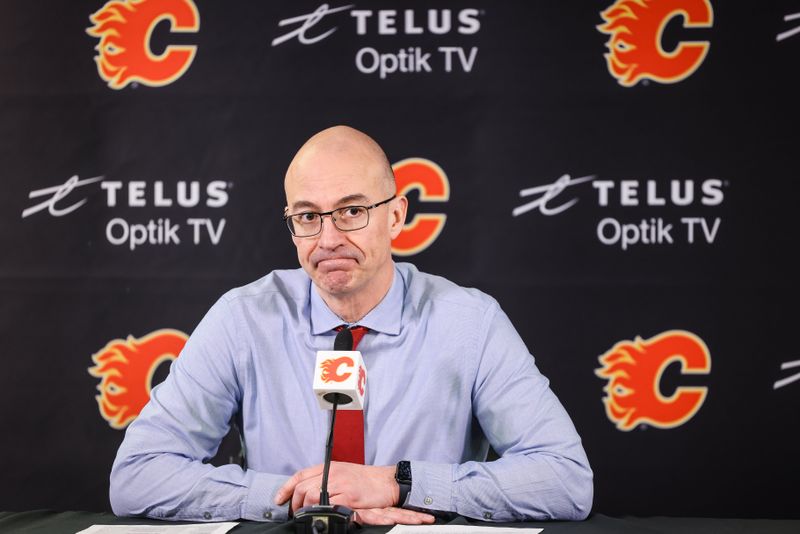 Feb 19, 2024; Calgary, Alberta, CAN; Calgary Flames head coach Ryan Huska during interview after the game against the Winnipeg Jets at Scotiabank Saddledome. Mandatory Credit: Sergei Belski-USA TODAY Sports