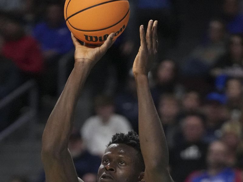 March 4, 2023; Las Vegas, NV, USA; Brigham Young Cougars forward Gideon George (5) shoots the basketball during the first half in the quarterfinals of the WCC Basketball Championships at Orleans Arena. Mandatory Credit: Kyle Terada-USA TODAY Sports