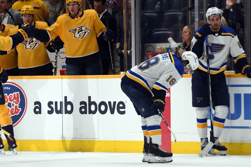 Apr 4, 2024; Nashville, Tennessee, USA; St. Louis Blues center Robert Thomas (18) reacts after an empty net goal by Nashville Predators right wing Mark Jankowski (not pictured) during the third period at Bridgestone Arena. Mandatory Credit: Christopher Hanewinckel-USA TODAY Sports