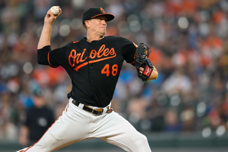 Jun 28, 2023; Baltimore, Maryland, USA; Baltimore Orioles starting pitcher Kyle Gibson (48) throws a pitch during the third inning against the Cincinnati Reds at Oriole Park at Camden Yards. Mandatory Credit: Reggie Hildred-USA TODAY Sports