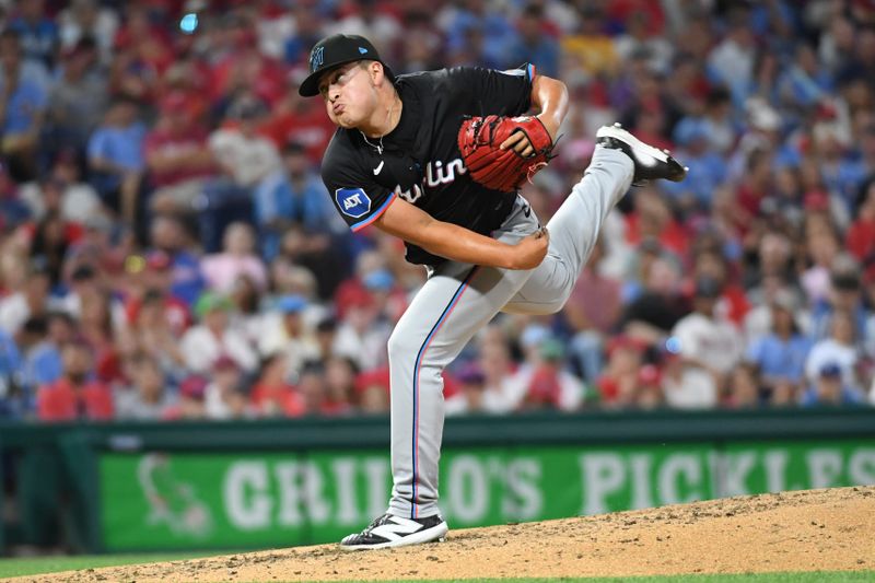 Aug 13, 2024; Philadelphia, Pennsylvania, USA; Miami Marlins pitcher Valente Bellozo (83) throws a pitch during the seventh inning against the Philadelphia Phillies at Citizens Bank Park. Mandatory Credit: Eric Hartline-USA TODAY Sports