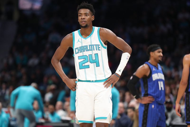 CHARLOTTE, NC -NOVEMBER 25:  Brandon Miller #24 of the Charlotte Hornets looks on during the game against the Orlando Magic on November 25, 2024 at Spectrum Center in Charlotte, North Carolina. NOTE TO USER: User expressly acknowledges and agrees that, by downloading and or using this photograph, User is consenting to the terms and conditions of the Getty Images License Agreement. Mandatory Copyright Notice: Copyright 2024 NBAE (Photo by Brock Williams-Smith/NBAE via Getty Images)