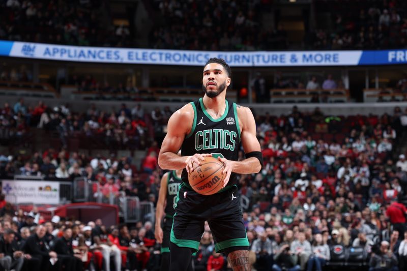 CHICAGO, IL - MARCH 23: Jayson Tatum #0 of the Boston Celtics prepares to shoot a free throw during the game against the Chicago Bulls on March 23, 2024 at United Center in Chicago, Illinois. NOTE TO USER: User expressly acknowledges and agrees that, by downloading and or using this photograph, User is consenting to the terms and conditions of the Getty Images License Agreement. Mandatory Copyright Notice: Copyright 2024 NBAE (Photo by Jeff Haynes/NBAE via Getty Images)