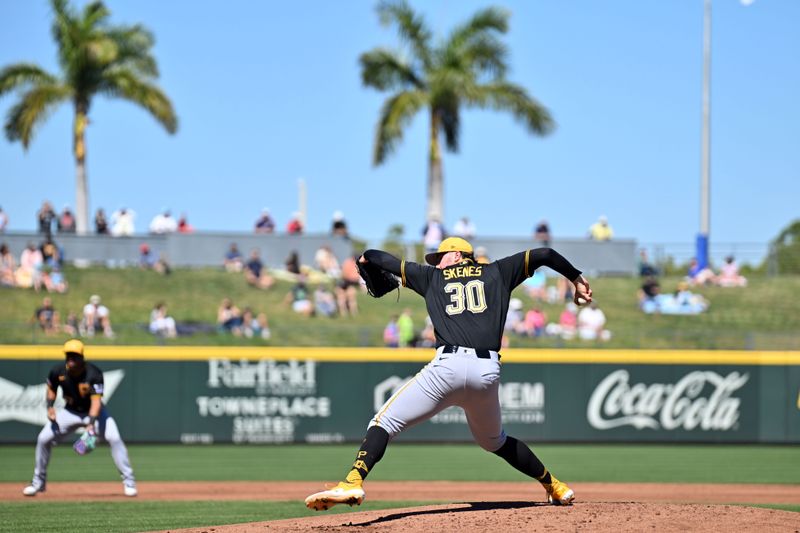 Feb 25, 2026; North Port, Florida, USA; Pittsburgh Pirates starting pitcher Paul Skenes (30) throws a pitch in the second inning against the Atlanta Braves during spring training at CoolToday Park. Mandatory Credit: Jonathan Dyer-Imagn Images
