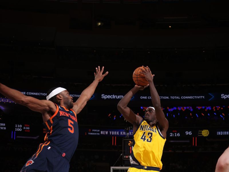 NEW YORK, NY - FEBRUARY 1: Pascal Siakam #43 of the Indiana Pacers shoots the ball during the game against the New York Knicks on February 1, 2024 at Madison Square Garden in New York City, New York.  NOTE TO USER: User expressly acknowledges and agrees that, by downloading and or using this photograph, User is consenting to the terms and conditions of the Getty Images License Agreement. Mandatory Copyright Notice: Copyright 2024 NBAE  (Photo by Nathaniel S. Butler/NBAE via Getty Images)