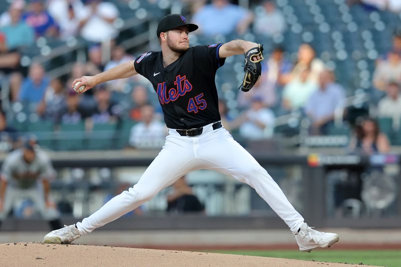 May 24, 2024; New York City, New York, USA; New York Mets starting pitcher Christian Scott (45) pitches against the San Francisco Giants during the first inning at Citi Field. Mandatory Credit: Brad Penner-USA TODAY Sports